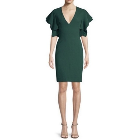 Black Halo Simona Cocktail Sheath Dress Green 12 Flutter Kimono Sleeve Midi - Picture 1 of 12